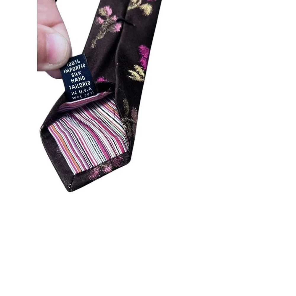 Ted Baker London Men's Silk Necktie Brown Pink Flowers Floral Made‎ In USA